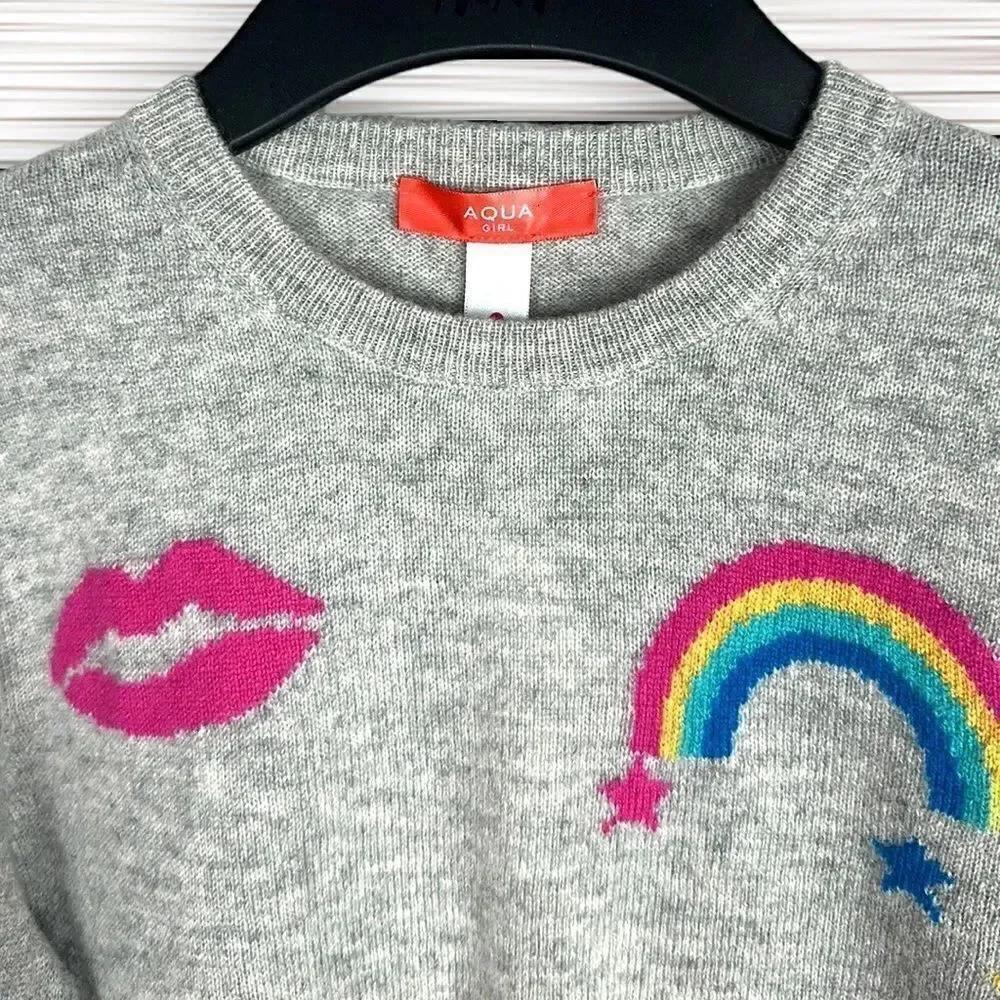 NWT New AQUA Girls Cashmere Crewneck Sweater Gray with Stars and Rainbow L
